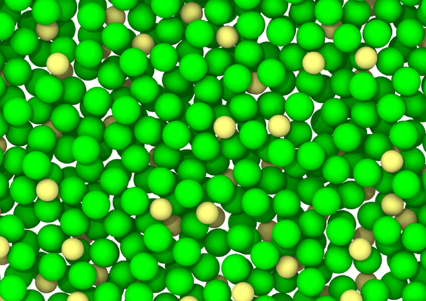 分子動力学シミュレーションで計算された Pd-Si ガラスの原子配置; O. Adjaoud and K. Albe. Acta Materialia, 113 284-292 (2016) より引用 乱れた構造が特徴的なPd-Siガラスの原子配置